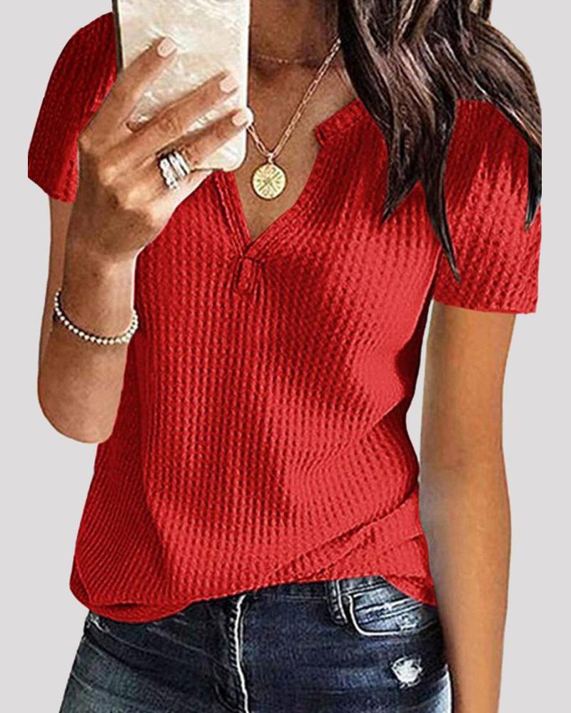 

Notch Neck Waffle Knit Top, Red