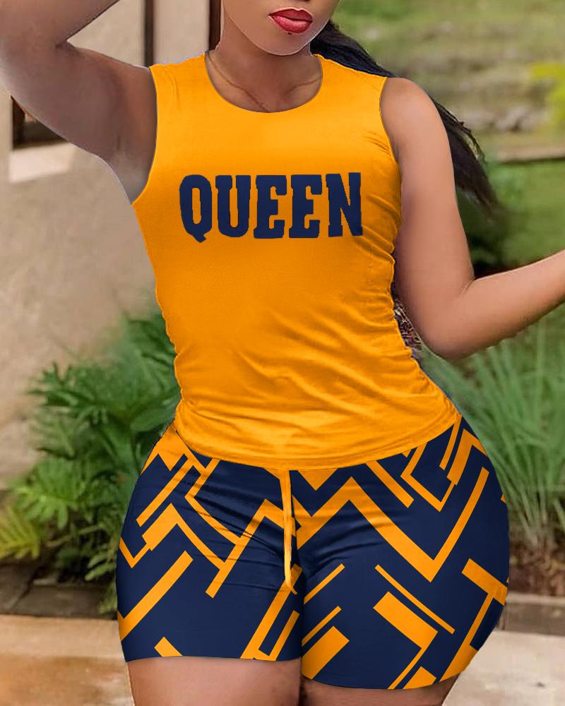 

Queen Geometric Print Casual Tank Top & Shorts Set, Yellow