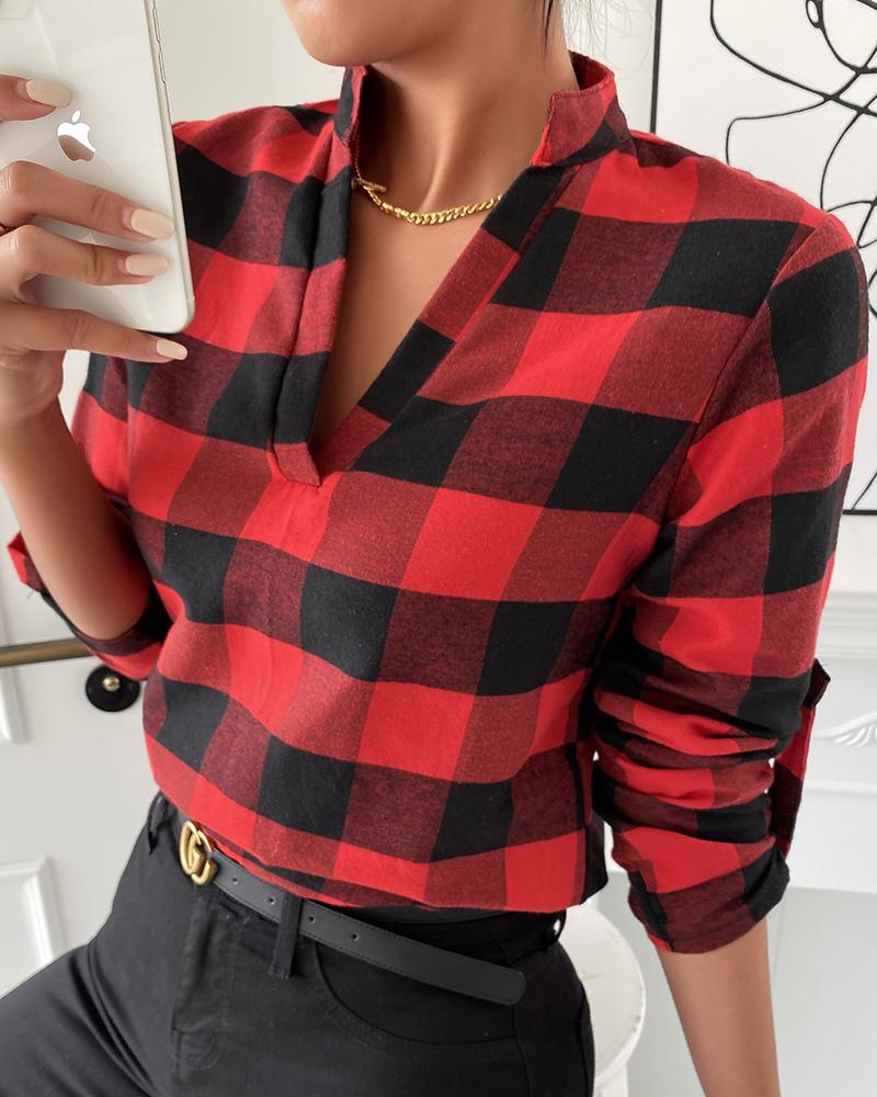 

Plaid Long Sleeve V-Neck Top, Red