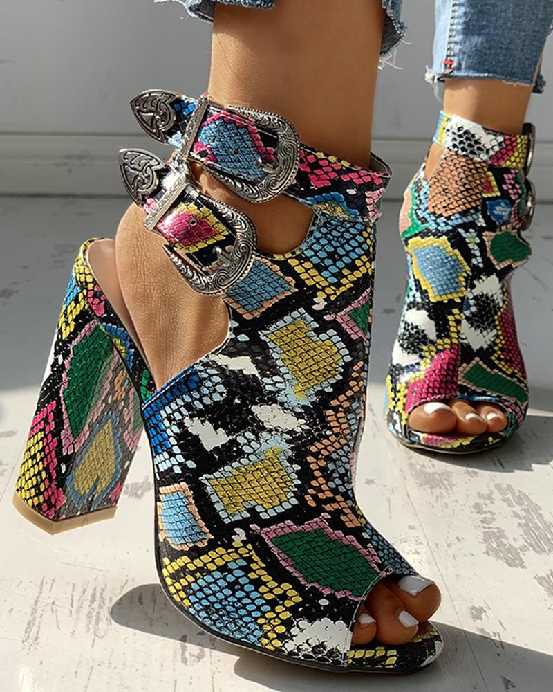 Snakeskin Ankle Buckled Chunky Heels