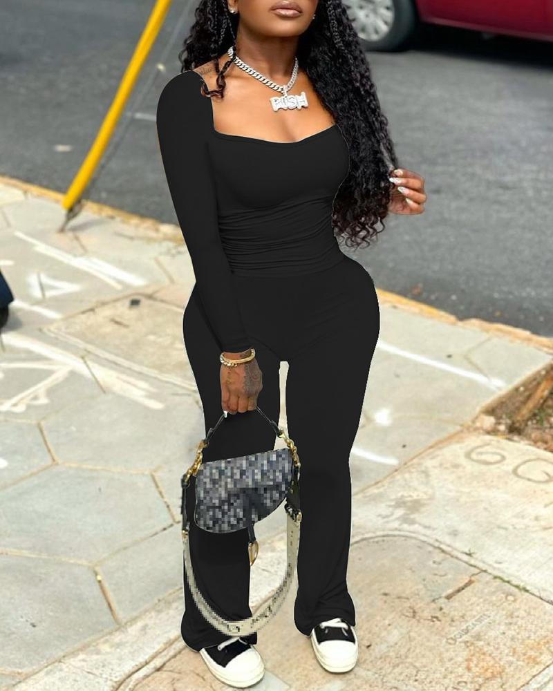 

Long Sleeve Square Neck Top & Bootcut Pants Set, Black