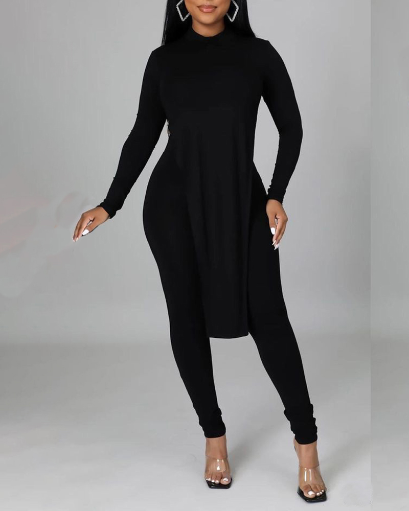 

Long Sleeve High Slit Top & High Waist Pants Set, Black