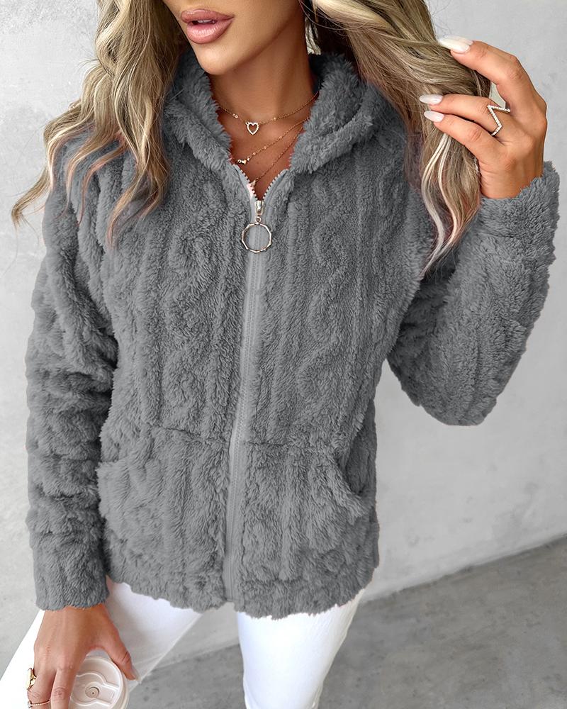 

Zipper Design Fuzzy Textured Hooded Fleece Coat, Gray