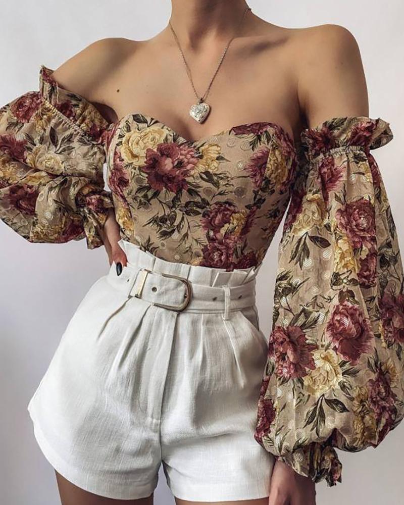 

Off Shoulder Lantern Sleeve Floral Print Top, Khaki