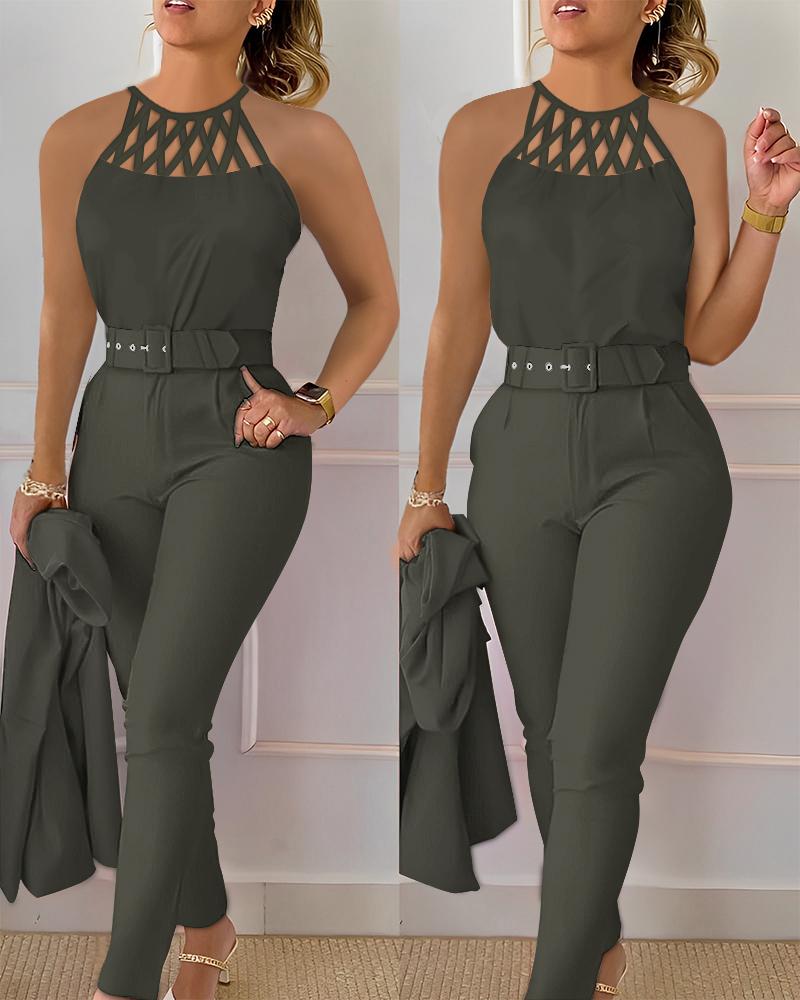 

Conjunto de regata e calça sem mangas vazadas, Army green