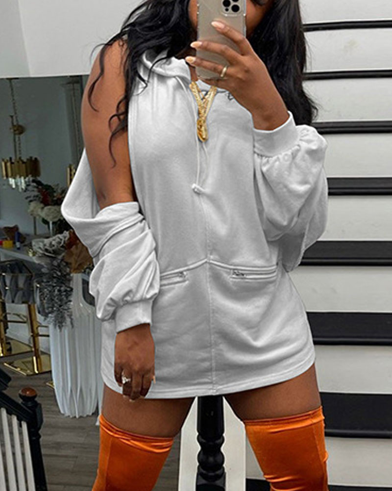 

Zipper Detail Lantern Sleeve Hooded Sweatshirt Dress, Gray