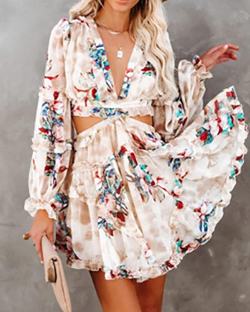 

Floral Print Cutout Frill Hem Dress, White