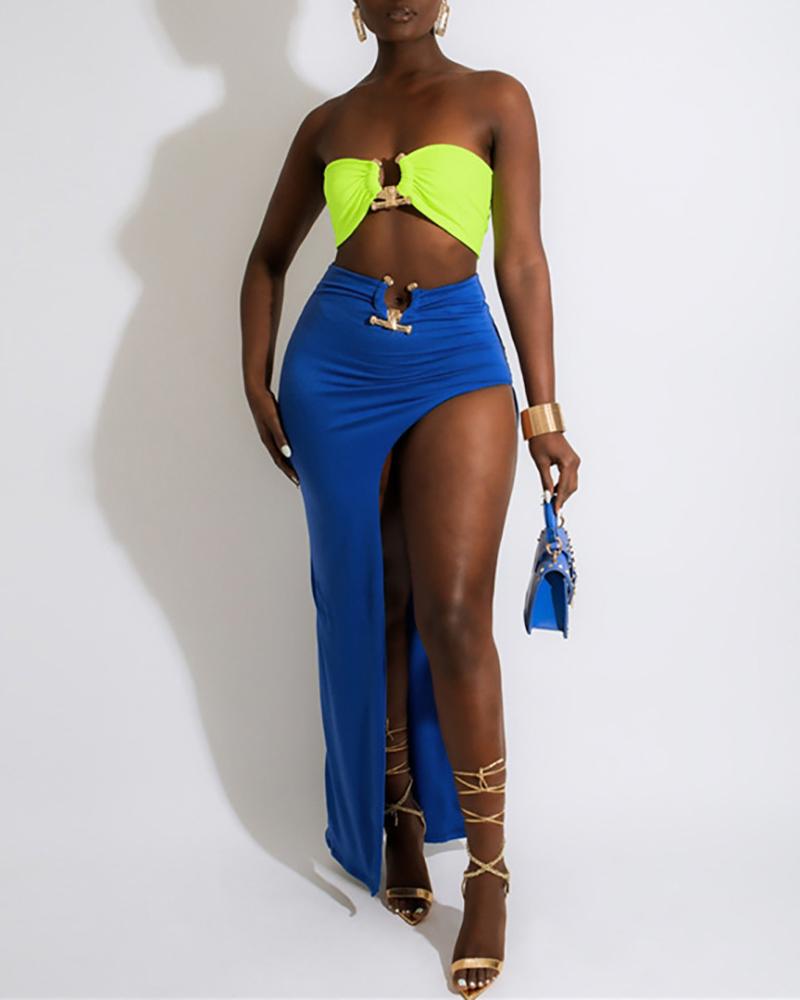 

Ruched O-Ring Bandeau Crop Top & High Slit Skirt Set, Blue
