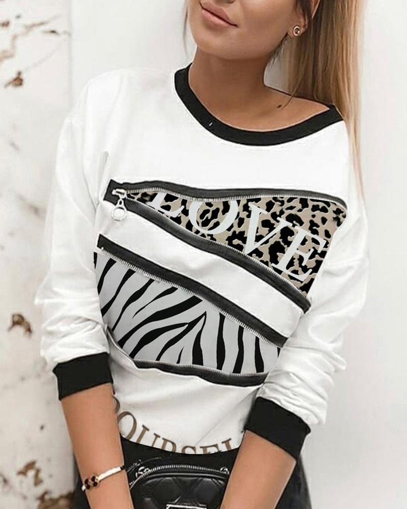 

Letter Print Zipper Detail Long Sleeve Casual Top, White