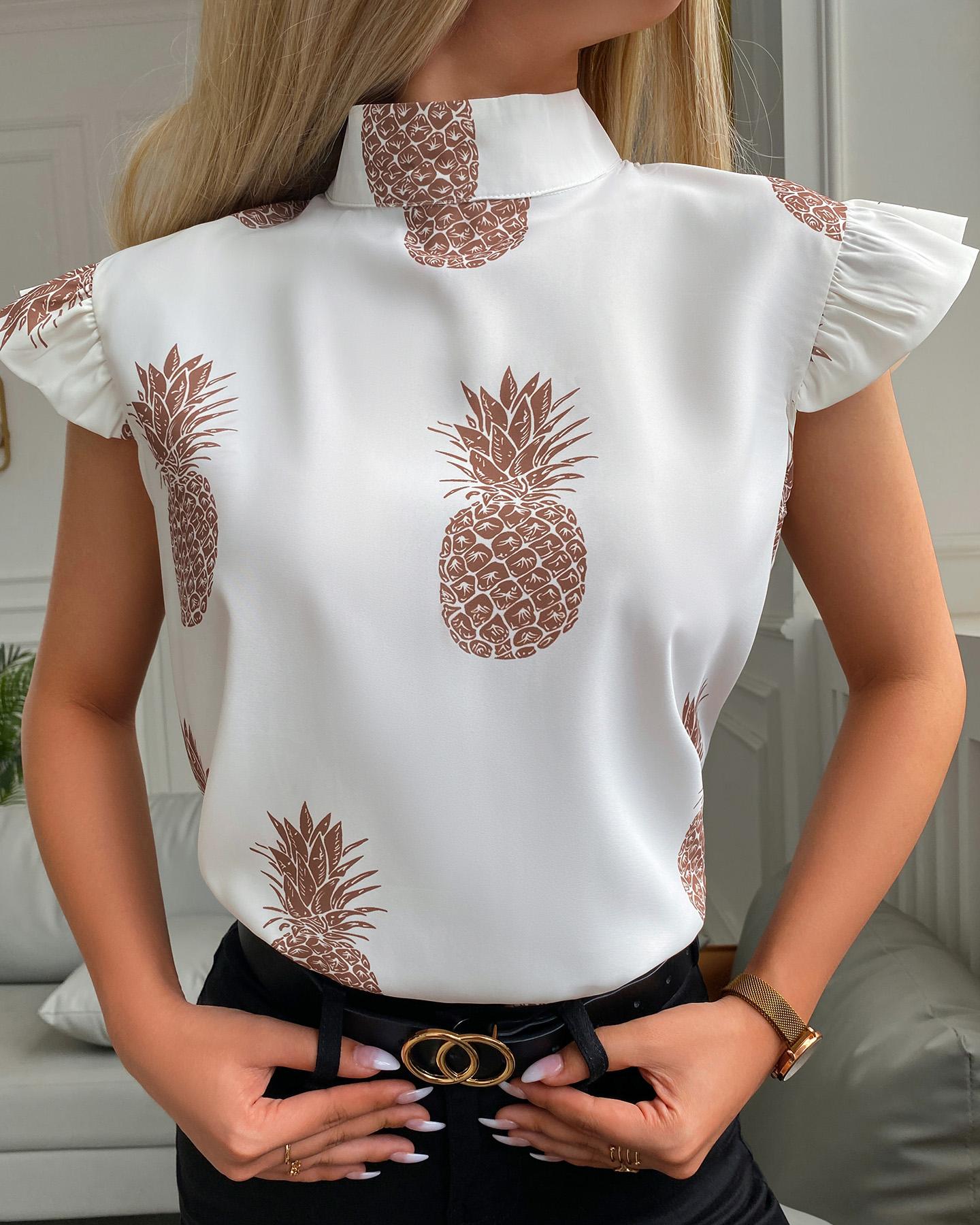 

Mock Neck Flying Sleeve Fruit Print Basic Top, White