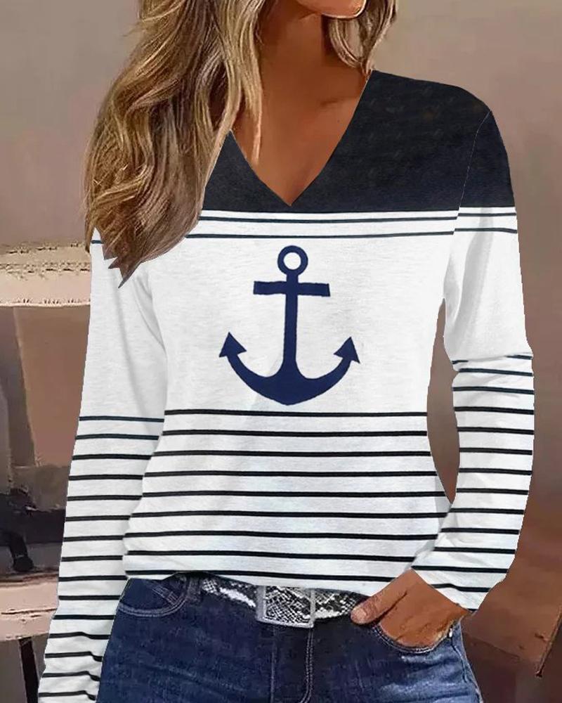 

Anchor Print Striped Colorblock V-Neck Long Sleeve Top, White