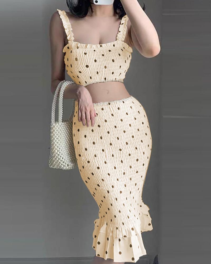 

Spaghetti Strap Quilting Polka Dot Tank & Pants Set, Beige