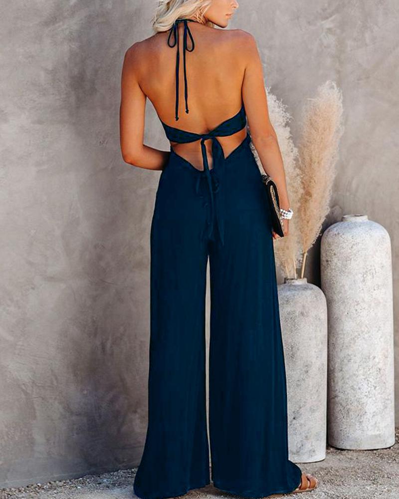 

Backless Halter Wide Leg Jumpsuit, Purplish blue
