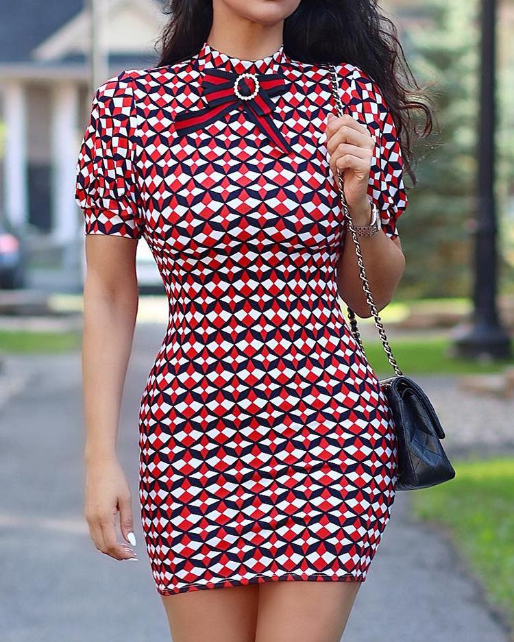 

Tied Neck Cutout Back Puff Sleeve All Over Print Dress, Red