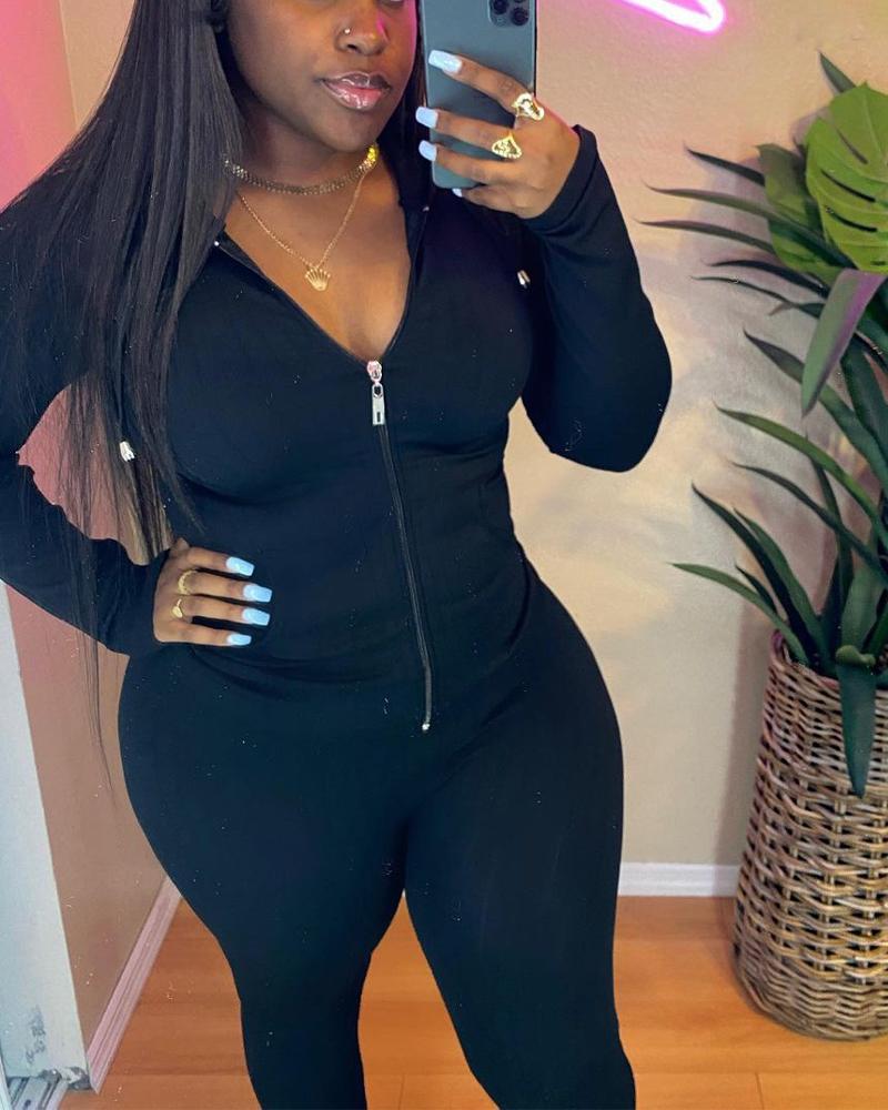 

Ribbed Long Sleeve Zip Up Hooded Top & Pants Set, Black