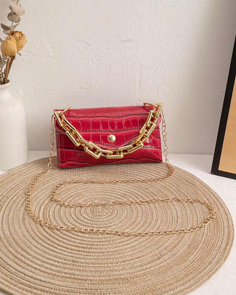 

Embossed Chain Strap Flap Shoulder Bag With Handle, Red