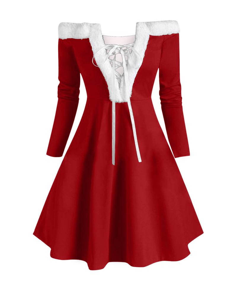 

Christmas Fuzzy Trim Off Shoulder Party Dress, Red