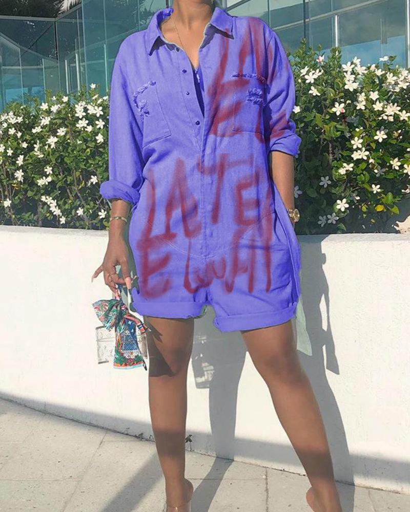 

Denim Print Turn Down Collar Long Sleeve Rompers, Purple