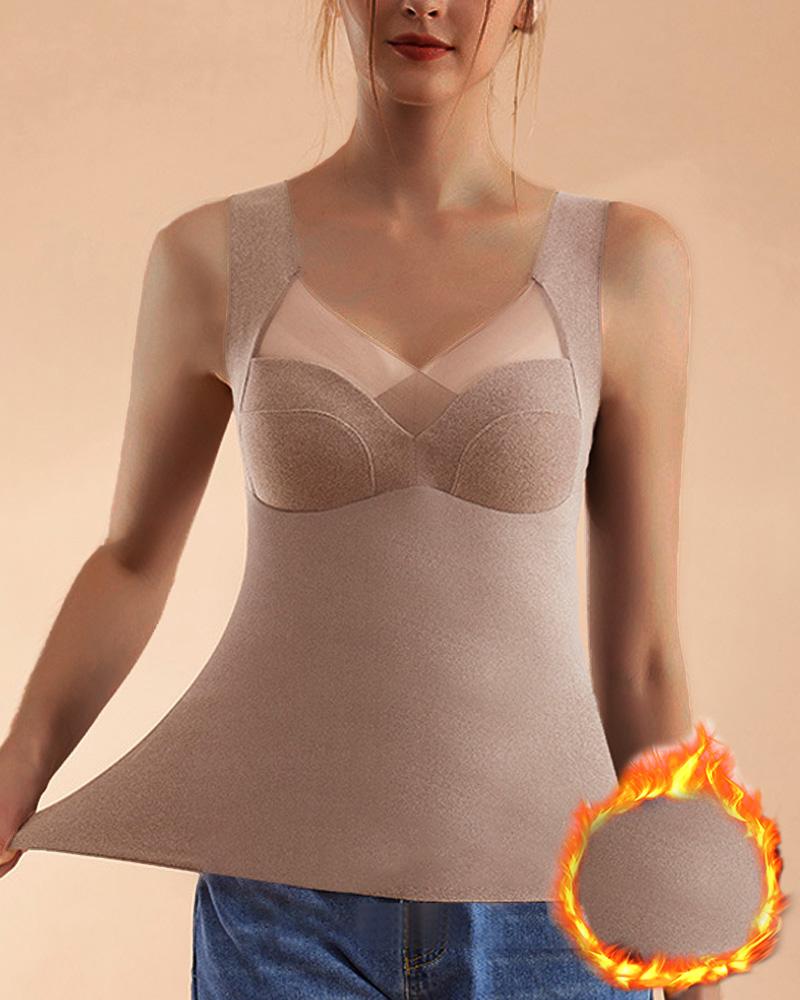 

Thermal Underwear Built-in Bra Warm Fleece Lined Tank Top, Coffee