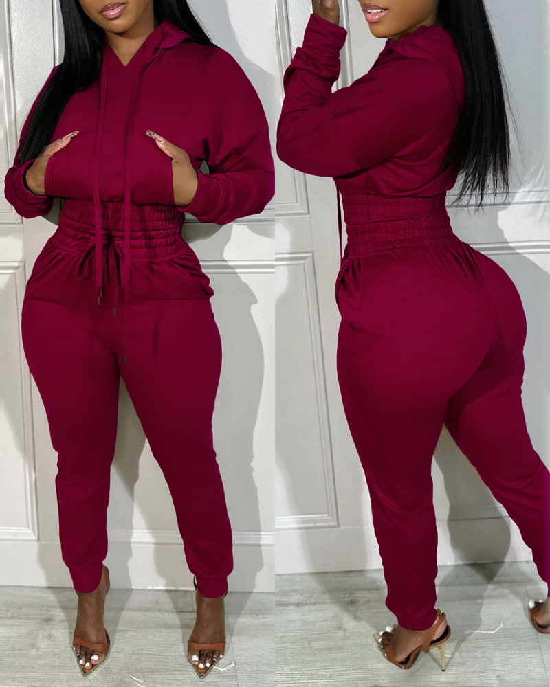 

2 Piece Outfits Lounge Hoodie Shirred Waist Pocket Design Sweatshirt Cuffed Jogger Sweatpants Tracksuit, Wine red