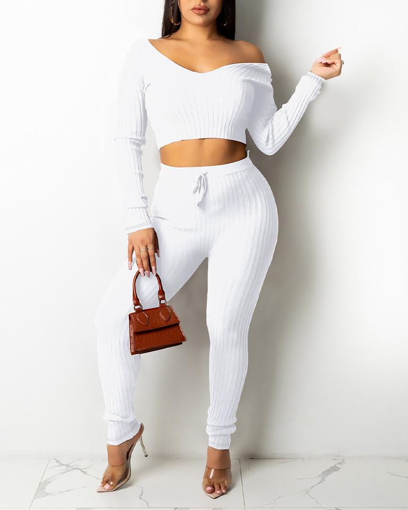 

Ribbed Long Sleeve Crop Top & Drawstring Pants Set, White