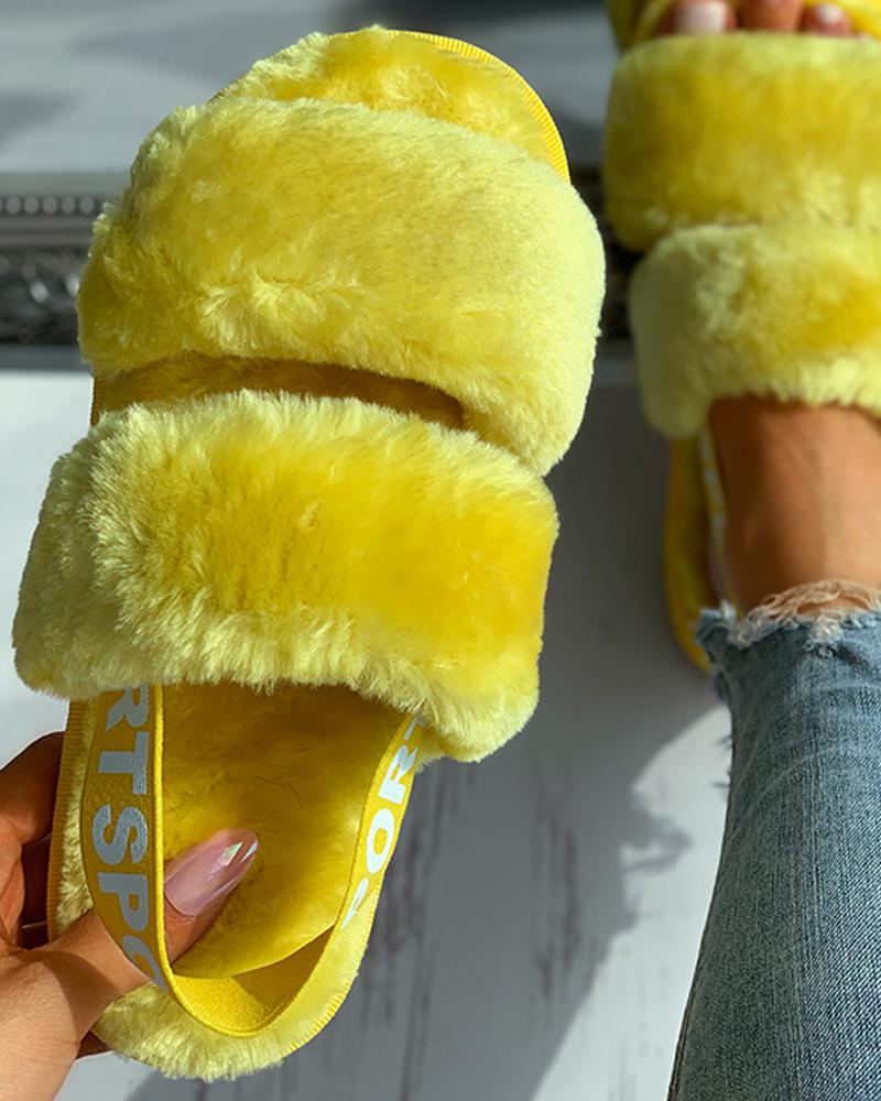 

Letter Strap Double Band Fluffy Peep Toe Slippers, Yellow