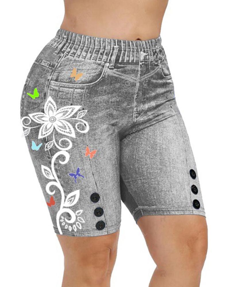 

Plus Size Floral Butterfly Denim Look Print High Waist Shorts, Gray
