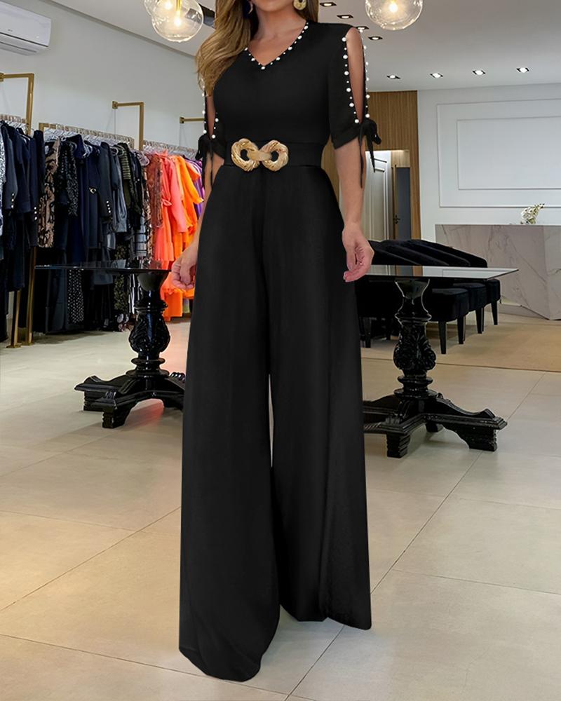 

Pearls Studded Split Sleeve Wide Leg Jumpsuit, Black