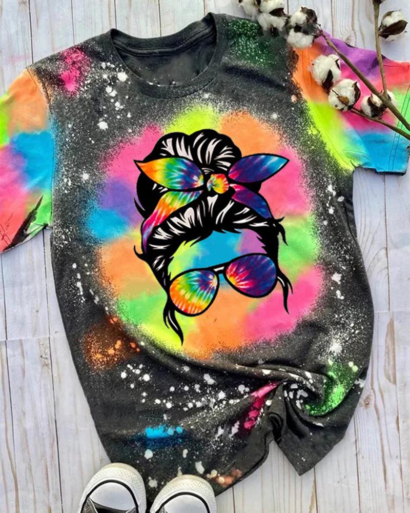 

Figure Tie Dye Print Crew Neck Graphic Tee Fashion Street Casual Summer T-shirt, Multicolor