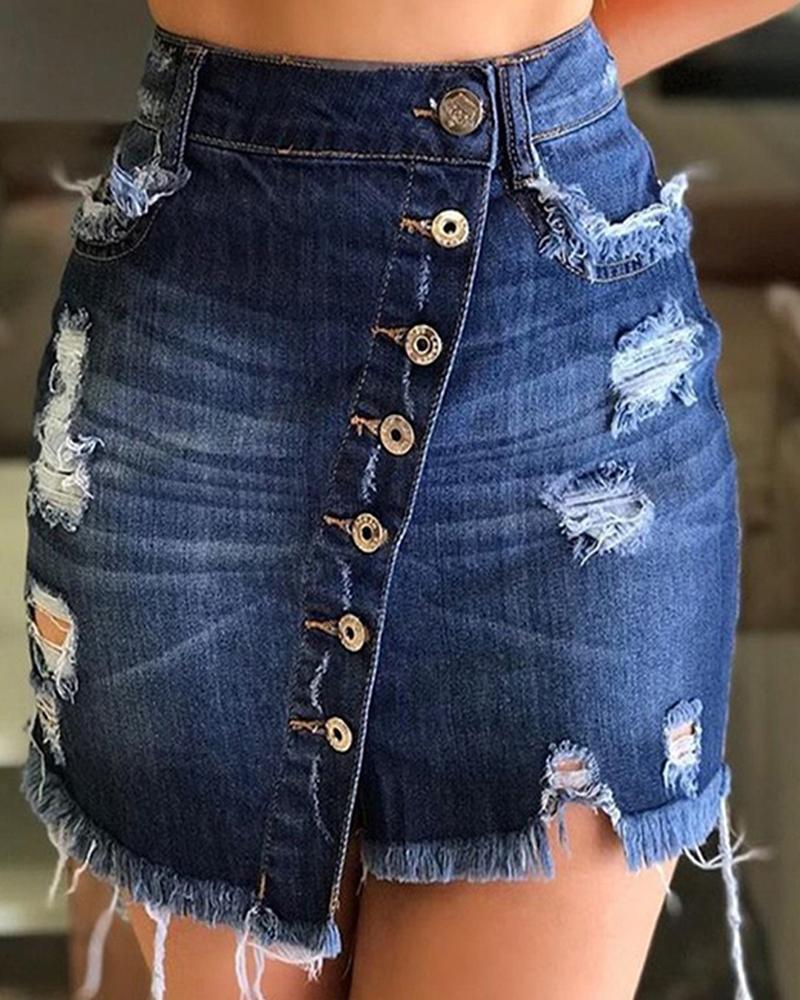 

Pocket Button Detail Raw Hem Denim Skirt, Dark blue