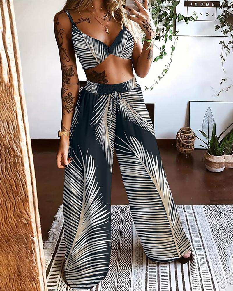 

Conjunto de top cropped torcido com estampa tropical e calça com cordão, Black