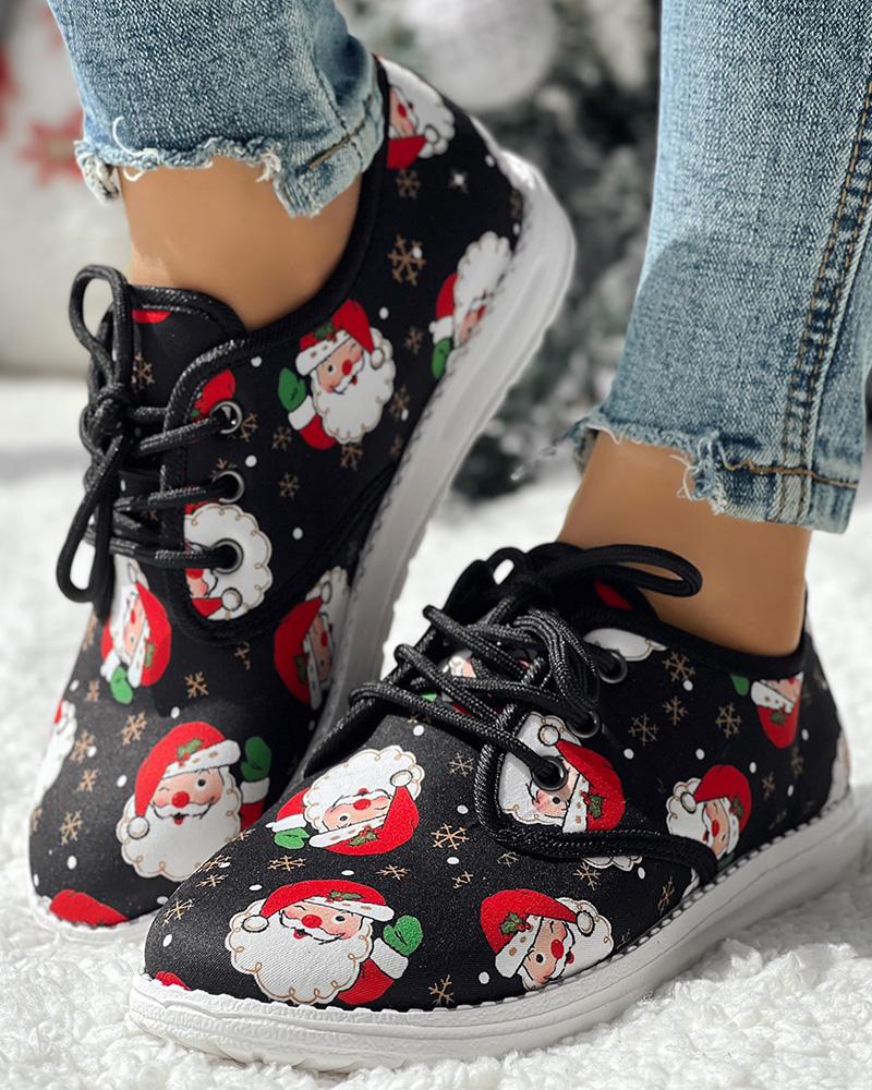 Christmas Santa Claus Snowflake Reindeer Gift Print Lace-up Sneakers