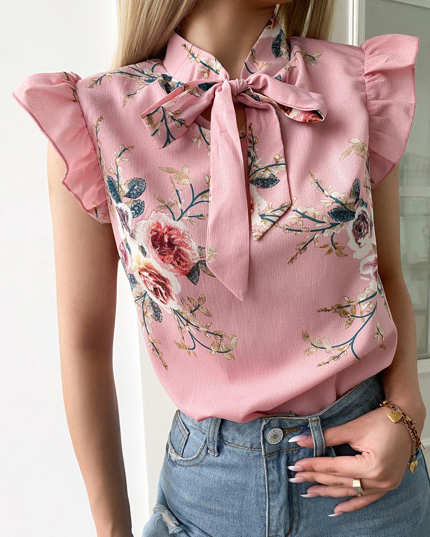 

Floral Print Ruffles Sleeve Tied Detail Top, Pink