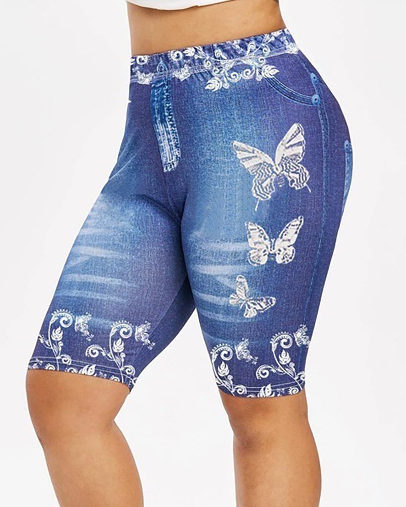

Women's Faux Denim Butterfly Printed High Waist Scrunch Butt Active Shorts, Blue