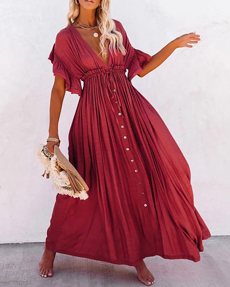 

Plain Ruffle Hem Button Design Backless Maxi Dress, Wine red