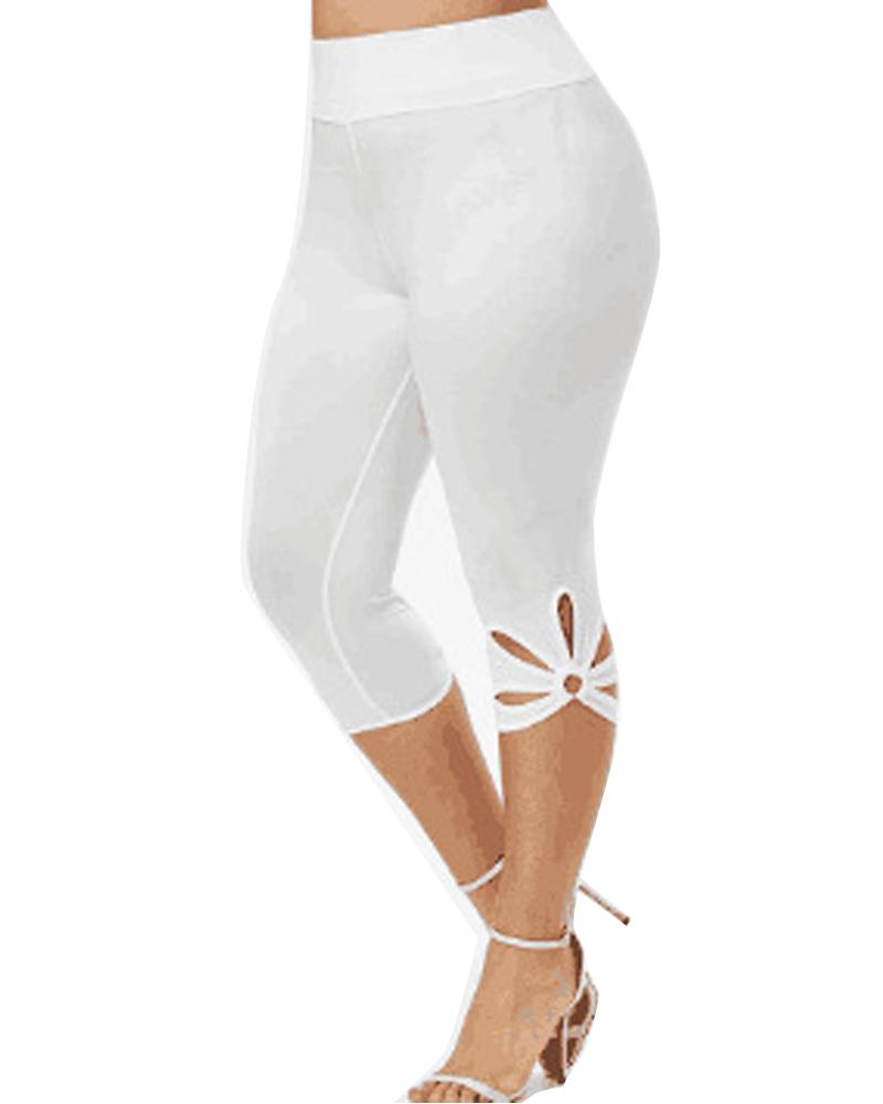 

Plus Size Hollow Out Casual Capris Pants, White