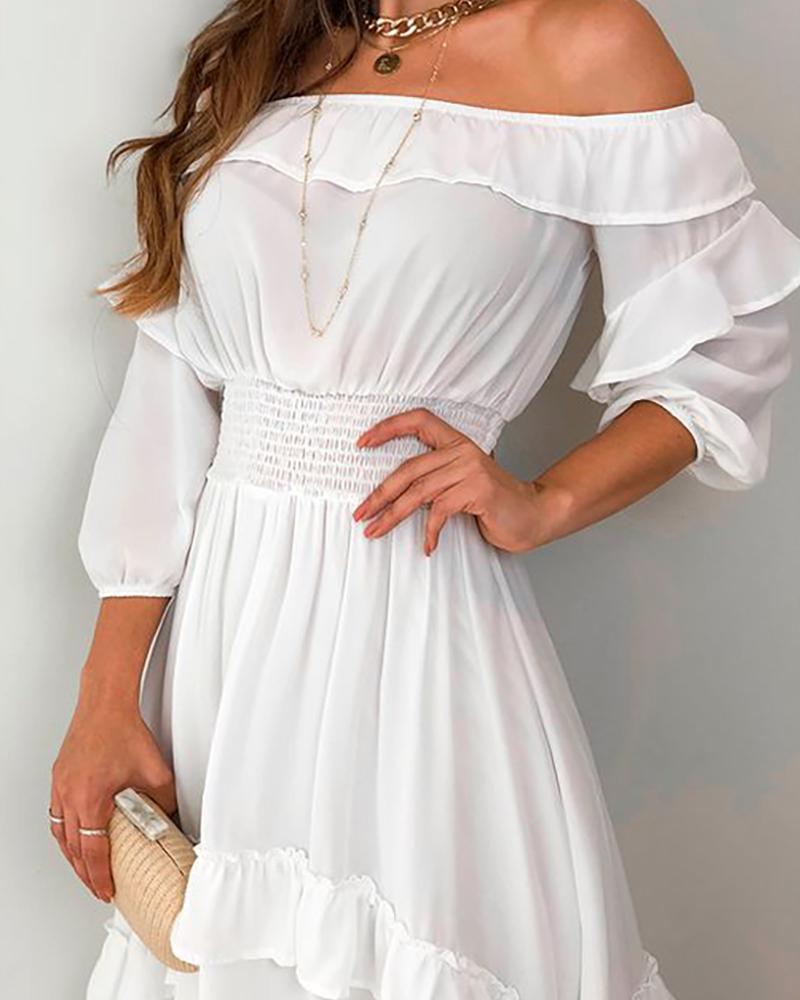 

Off Shoulder Ruffles Shirring Detail Maxi Dress, White