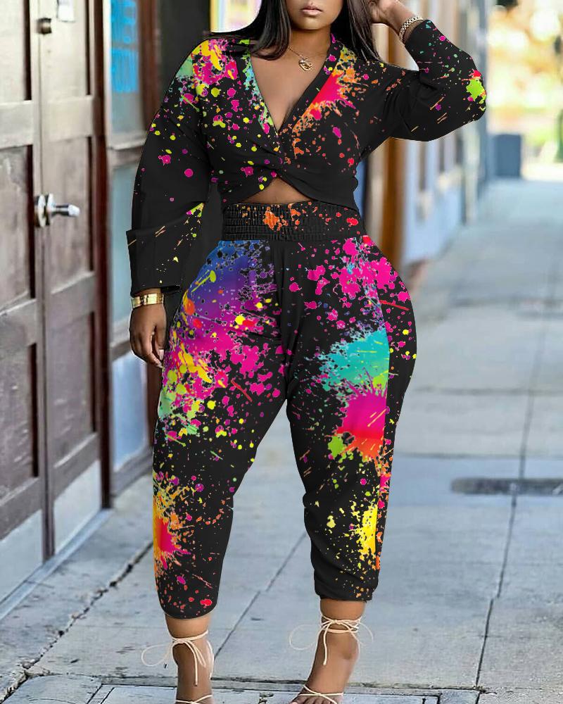 

Ink Splash Print Twisted Crop Top & High Waist Pants Set, Black