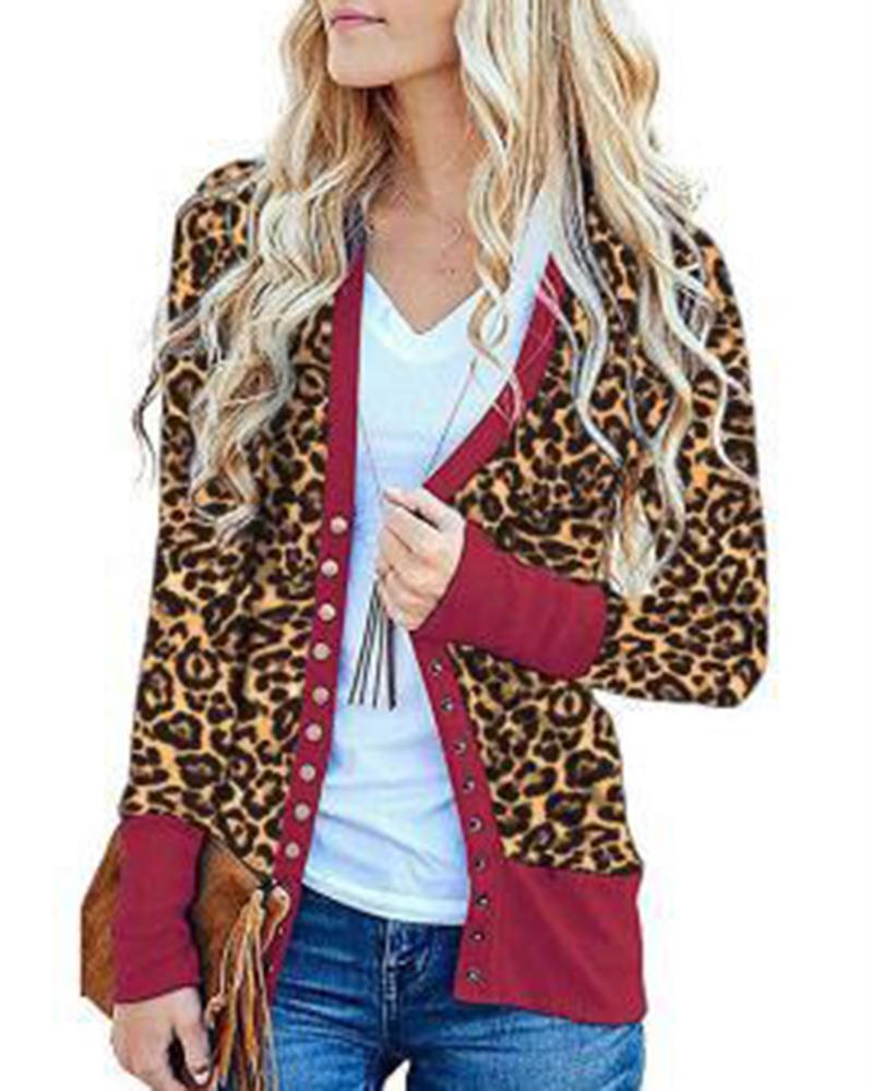 

Cheetah Print Buttoned Long Sleeve Coat, Red