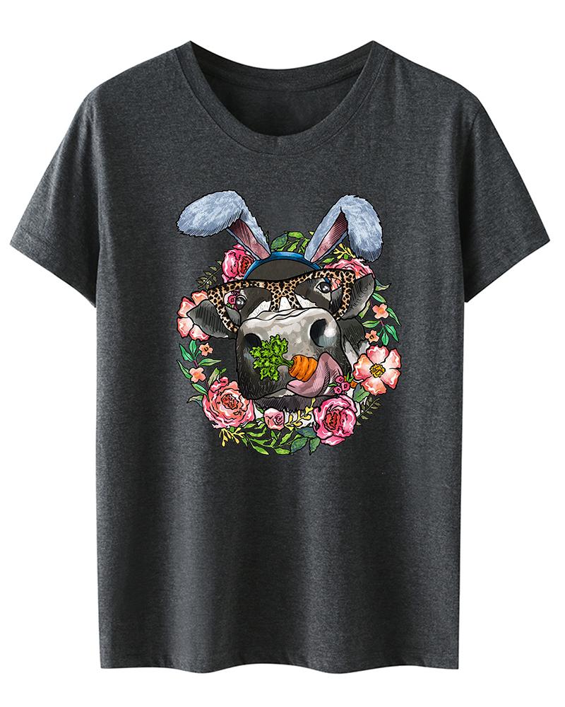 

Easter Cowboy Style Bunny Floral Print Casual T-shirt, Dark grey