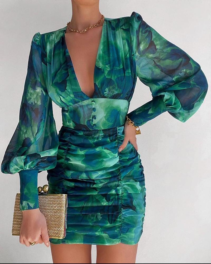 

Plunge Ruched Puff Lantern Sleeve Abstract Print Dress, Green