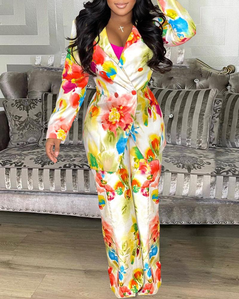 

Floral Print Buttoned Long Sleeve Blazer Coat & Wide Leg Pants Set, Yellow