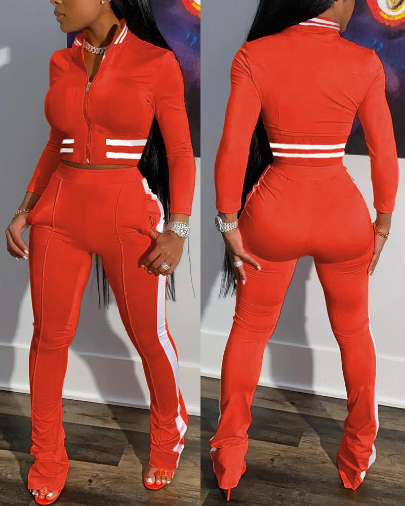 

Contrast Paneled Zip Up Bomber Jacket & Pants Set, Red