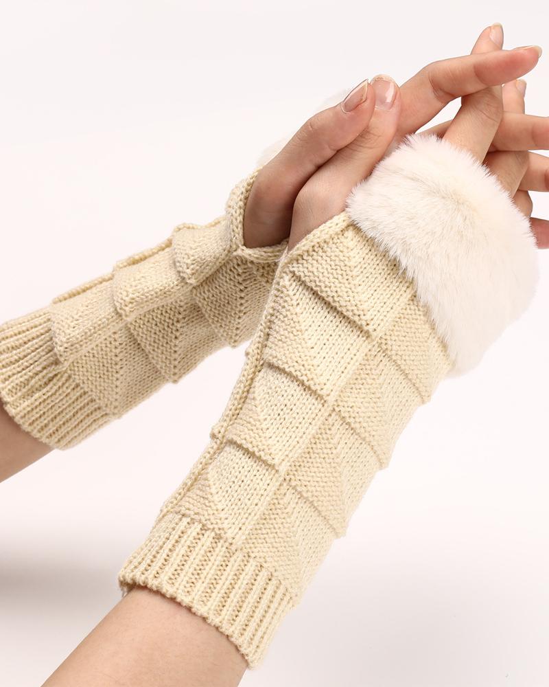 

1Pair Fuzzy Trim Warm Knit Fingerless Gloves, Beige