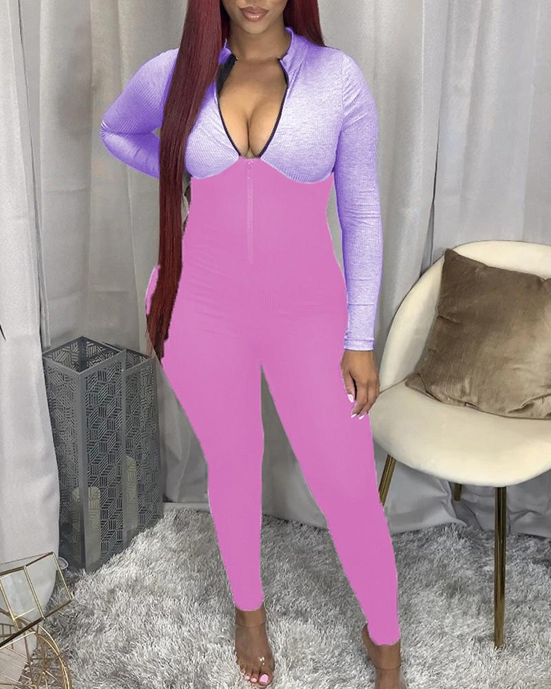 

Color Block Long Sleeve Jumpsuit, Pink