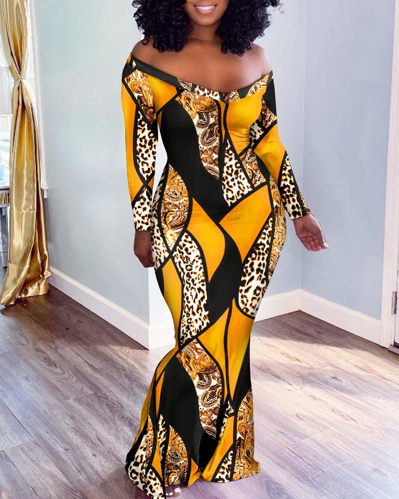 

Leopard Baroque Print Off Shoulder Mermaid Dress, Yellow