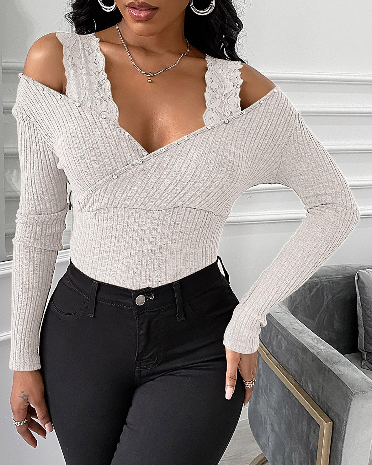 

Studded Cold Shoulder Long Sleeve Lace Top, White