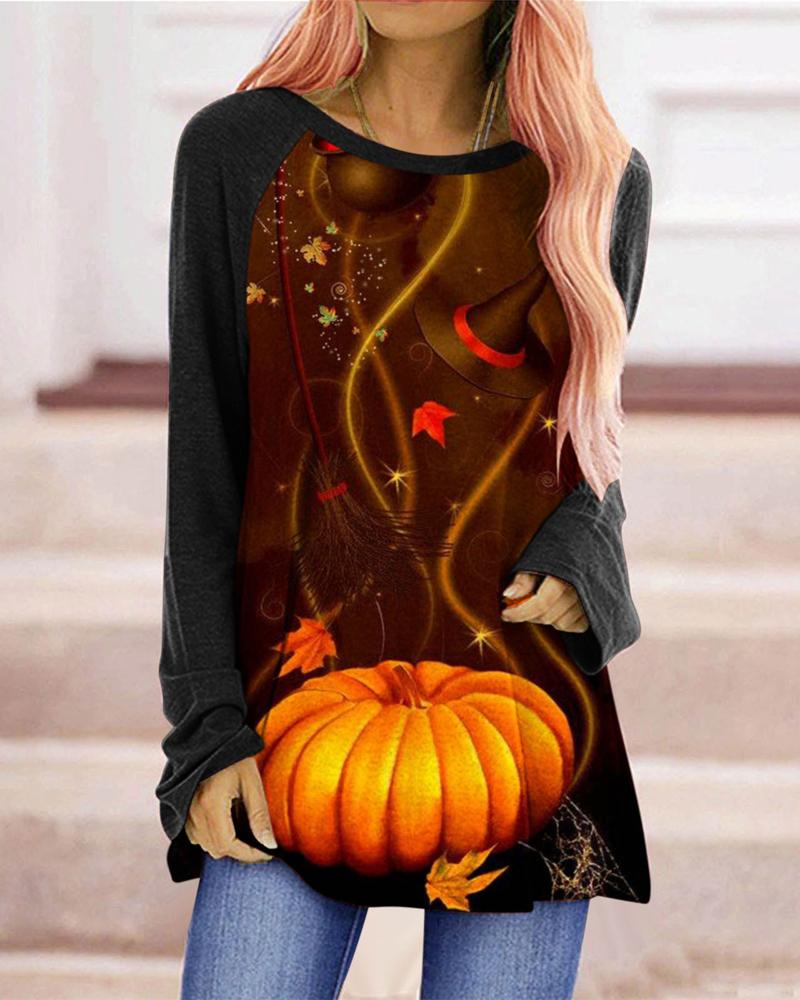 

Halloween Pumpkin Print Long Sleeve Top, Black