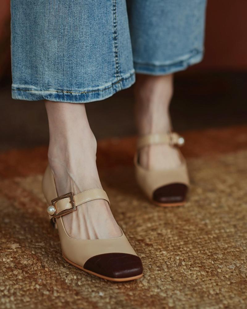 

Colorblock Pointed-toe Block Heel One Buckle Sandals, Apricot