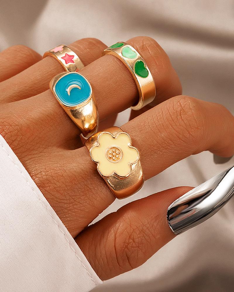 

Floral & Star & Heart & Moon Pattern Ring Set, Gold